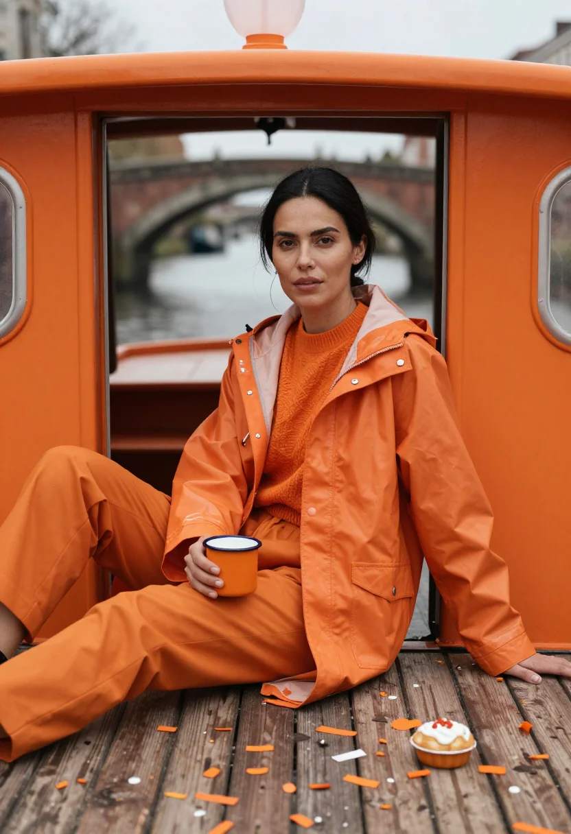 AI koningsdag orange sample — portrait of a woman, a woman in her early thirties with oliv