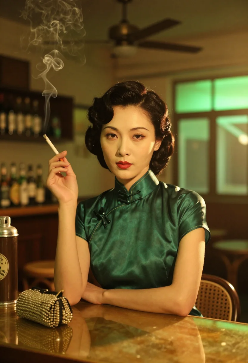AI kowloon noir sample — portrait of a woman, chest-up portrait of a Hong Kong Chines