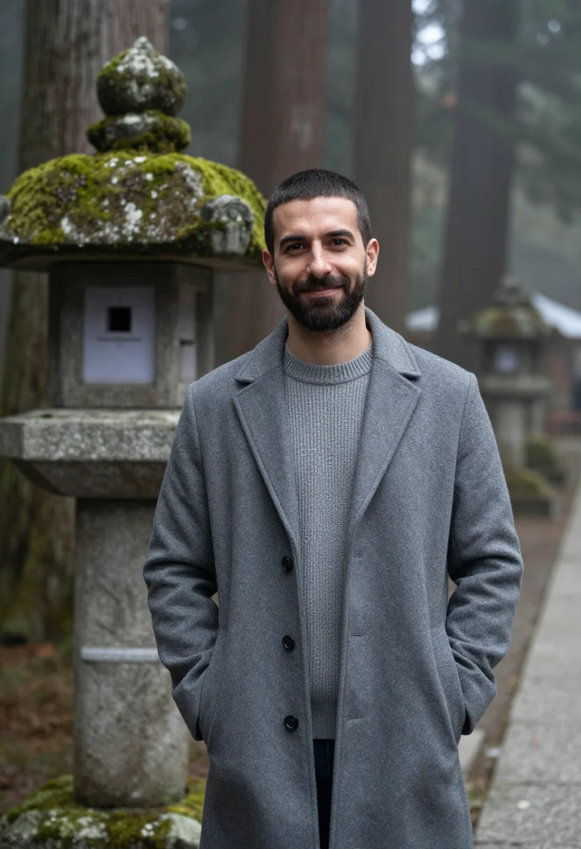 AI koyasan cedar november grey sample — portrait of a man, framed half-length from the waist up, the