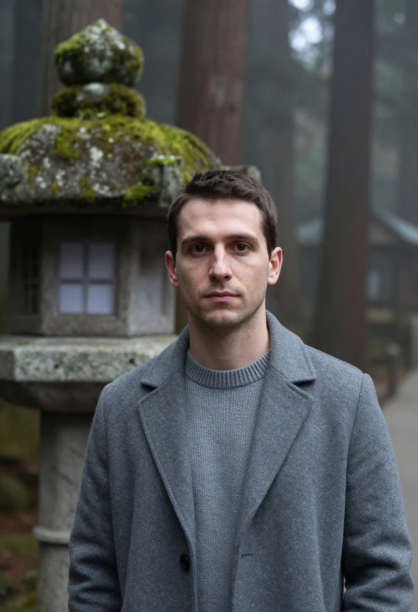 AI koyasan cedar november grey sample — portrait of a man, framed tight, head and shoulders, the bod