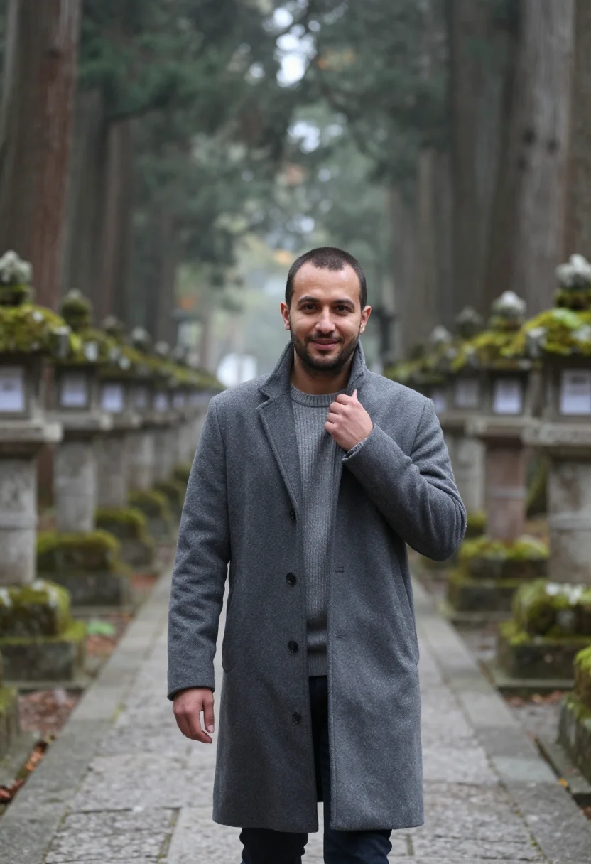 AI koyasan cedar november grey sample — portrait of a man, framed chest-up, the crop falling at mid-