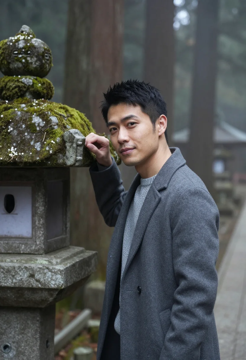 AI koyasan cedar november grey sample — portrait of a man, framed chest-up, the crop falling at mid-