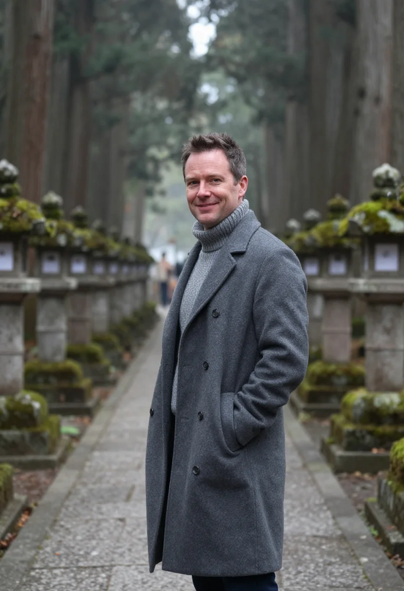 AI koyasan cedar november grey sample — portrait of a man, framed half-length from the waist up, the