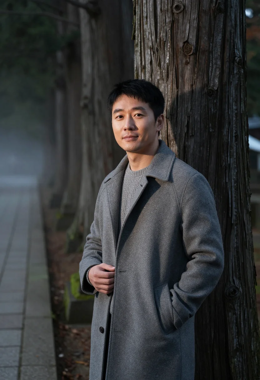 AI koyasan cedar november grey sample — portrait of a man, framed half-length from the waist up, the