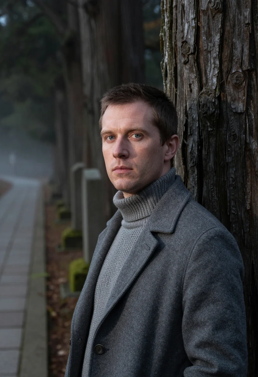 AI koyasan cedar november grey sample — portrait of a man, framed tight, head and shoulders, the bod