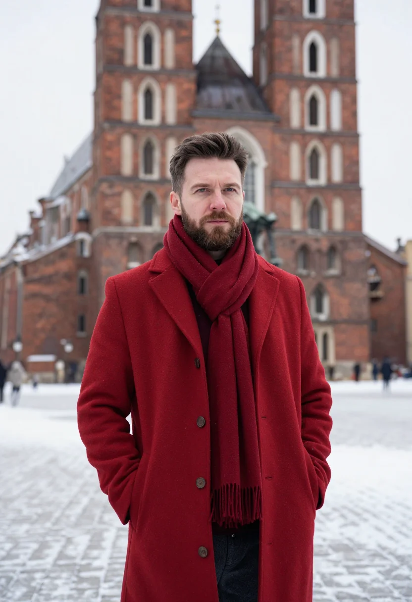 AI krakow rynek snow brick sample — portrait of a man, framed chest-up, the crop stopping at the