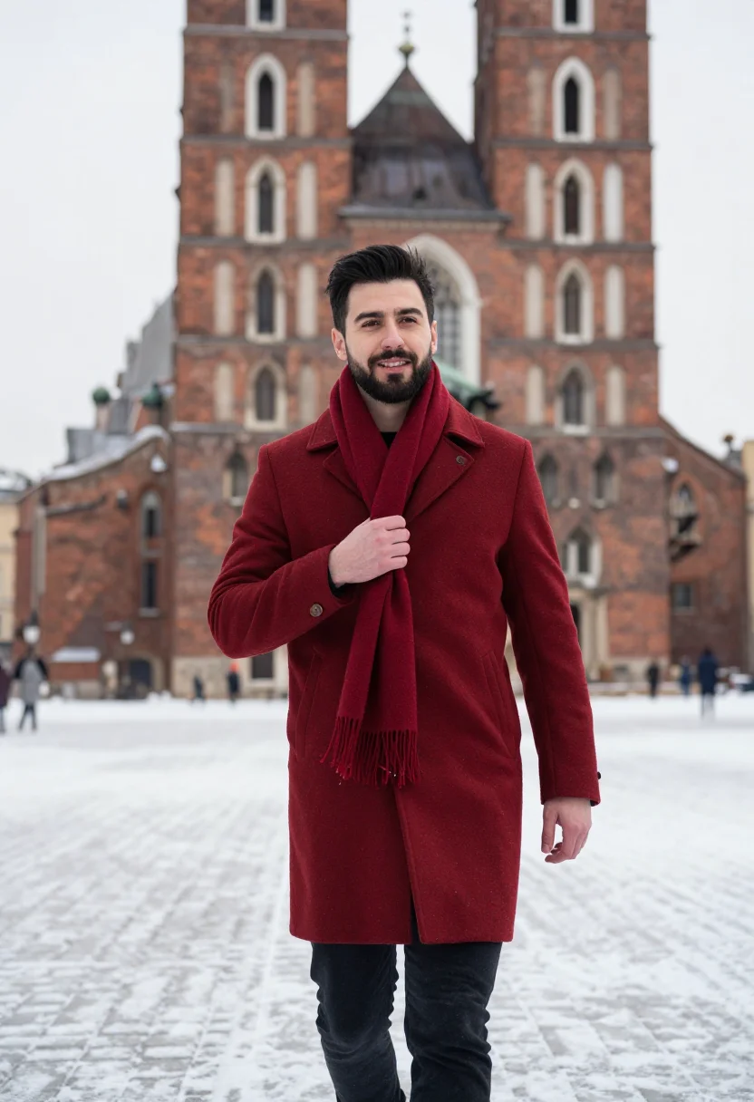 AI krakow rynek snow brick sample — portrait of a man, framed half-length, the crop at the waist
