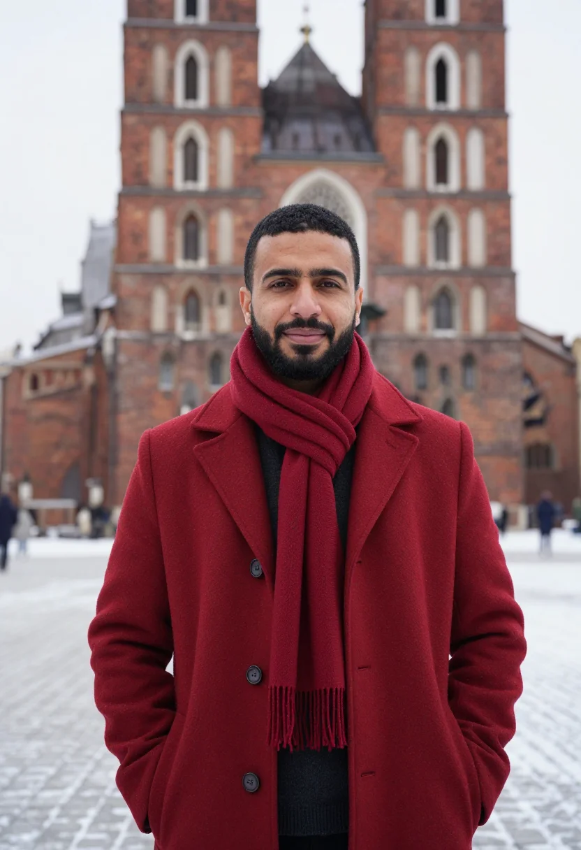 AI krakow rynek snow brick sample — portrait of a man, framed tight, head and shoulders, the bod