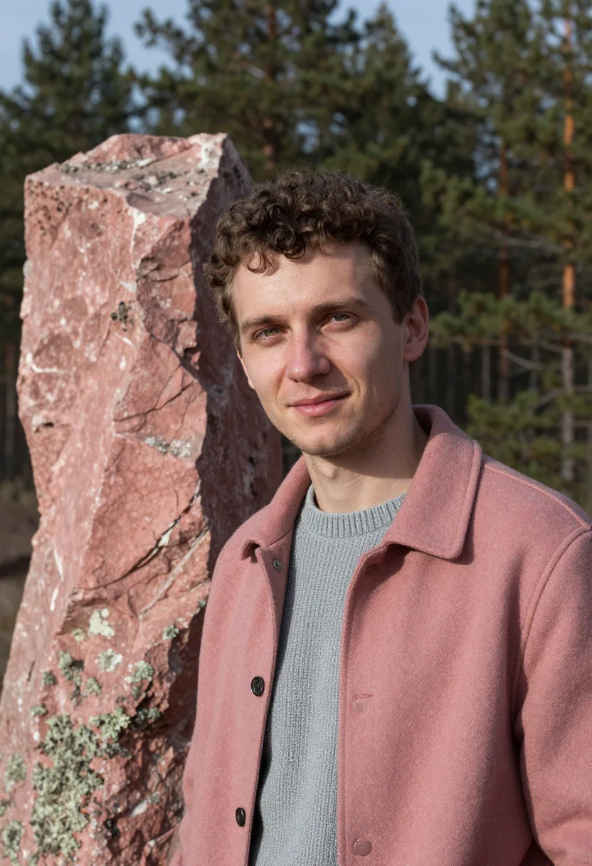 AI krasnoyarsk geologist pink syenite sample — portrait of a man, a geologist in his early thirties with fa