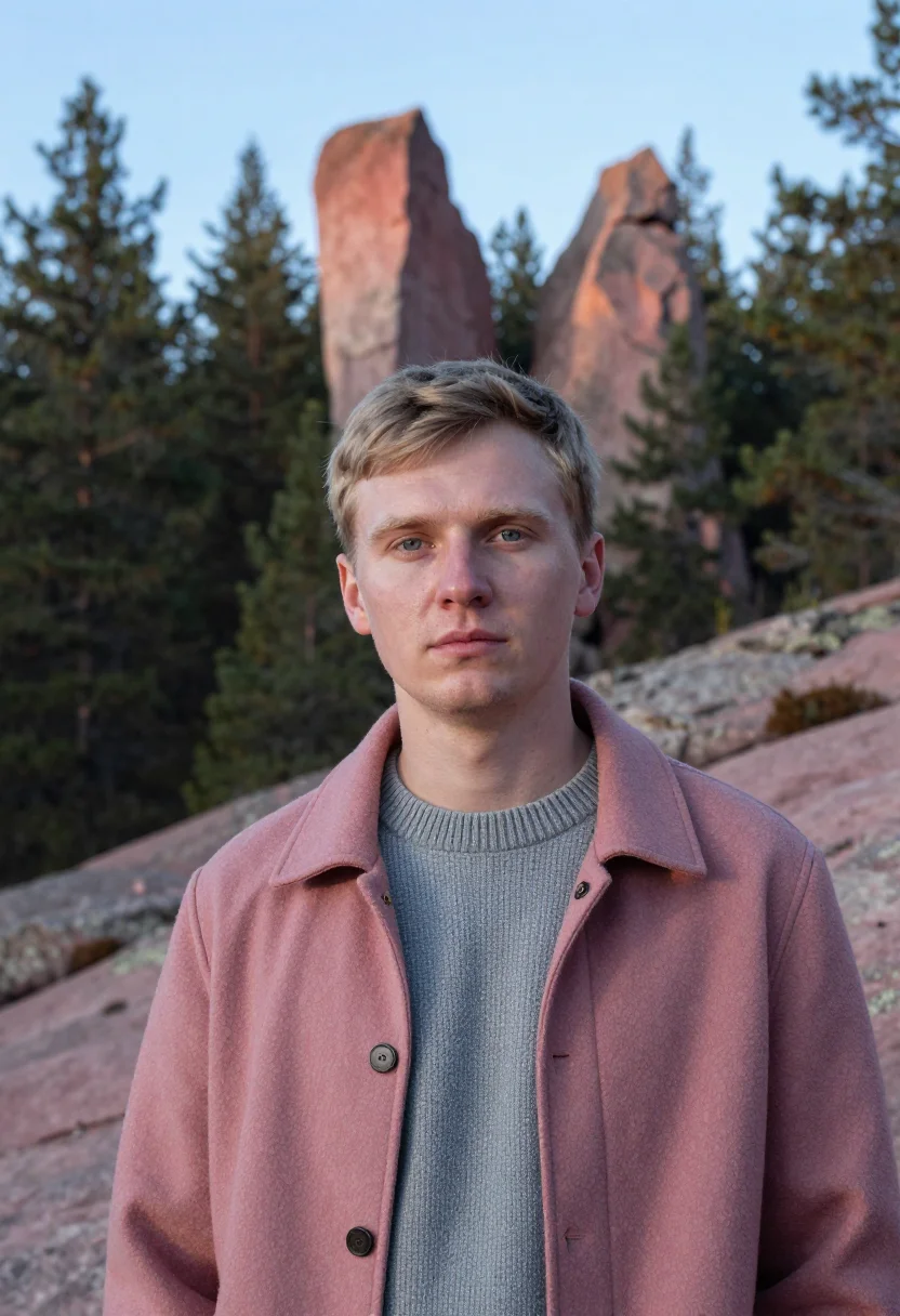 AI krasnoyarsk geologist pink syenite sample — portrait of a man, a geologist in his late twenties with pal