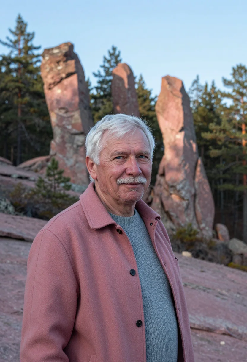 AI krasnoyarsk geologist pink syenite sample — portrait of a man, a geologist in his early sixties with rud