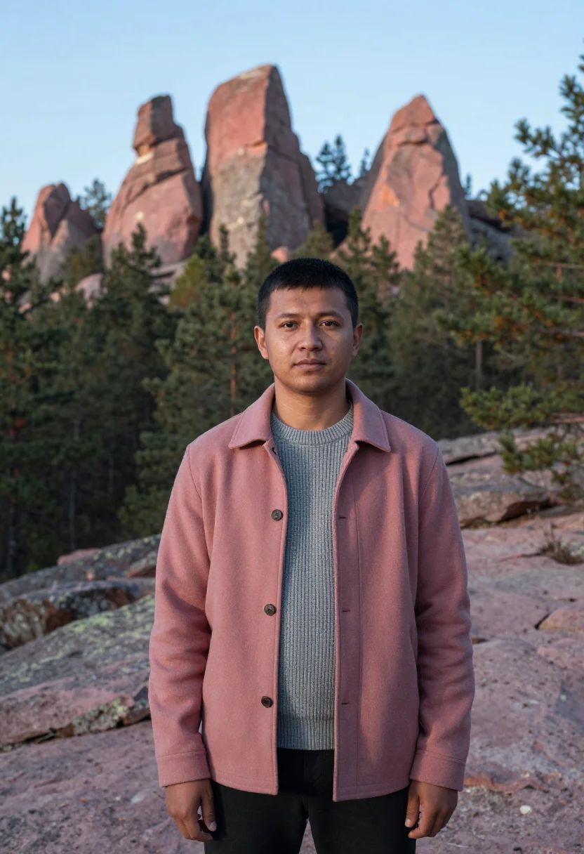 AI krasnoyarsk geologist pink syenite sample — portrait of a man, a geologist in his mid-thirties with warm