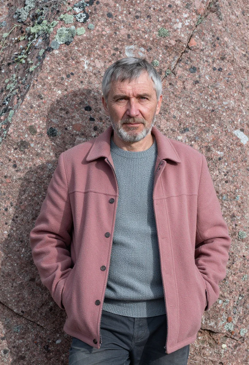 AI krasnoyarsk geologist pink syenite sample — portrait of a man, a geologist in his mid-fifties with weath