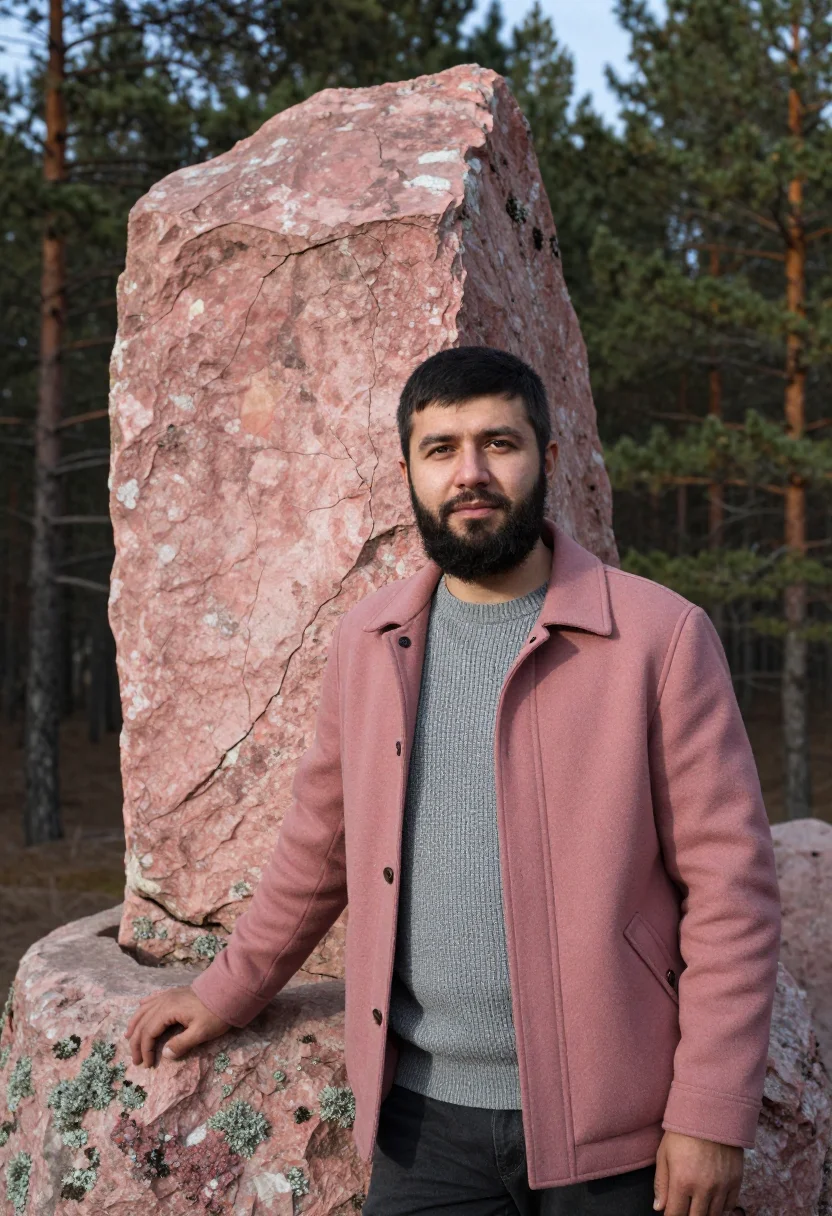 AI krasnoyarsk geologist pink syenite sample — portrait of a man, a geologist in his late thirties with oli