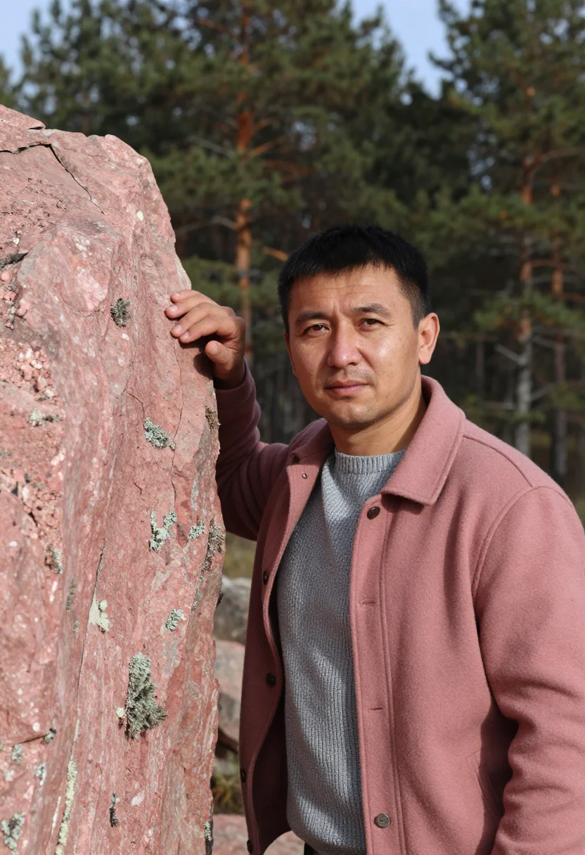 AI krasnoyarsk geologist pink syenite sample — portrait of a man, a Tuvan geologist in his mid-forties with
