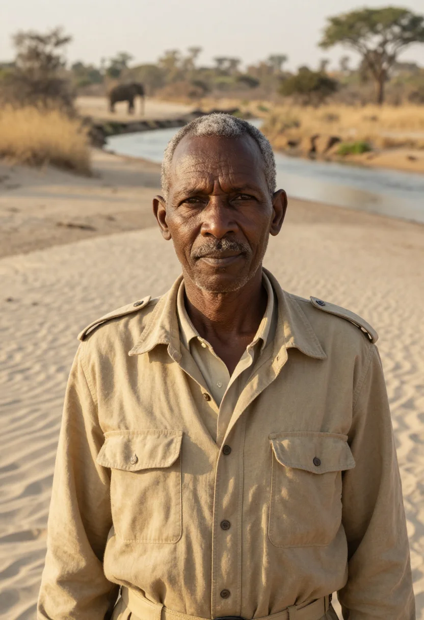 AI kruger wildlife vet bushveld khaki sample — portrait of a man, a Tsonga wildlife veterinarian in his ear