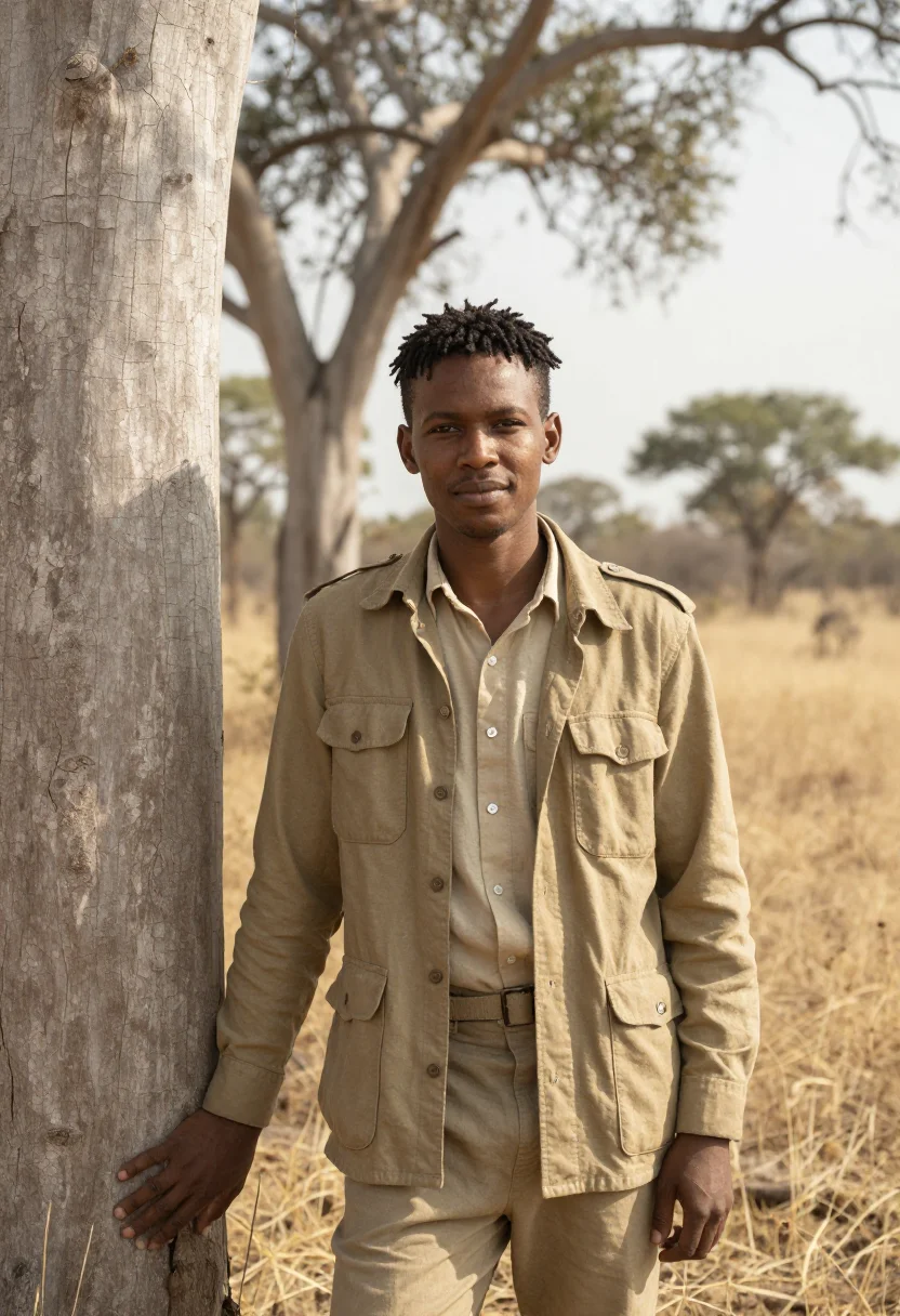 AI kruger wildlife vet bushveld khaki sample — portrait of a man, a Pedi wildlife veterinarian in his late