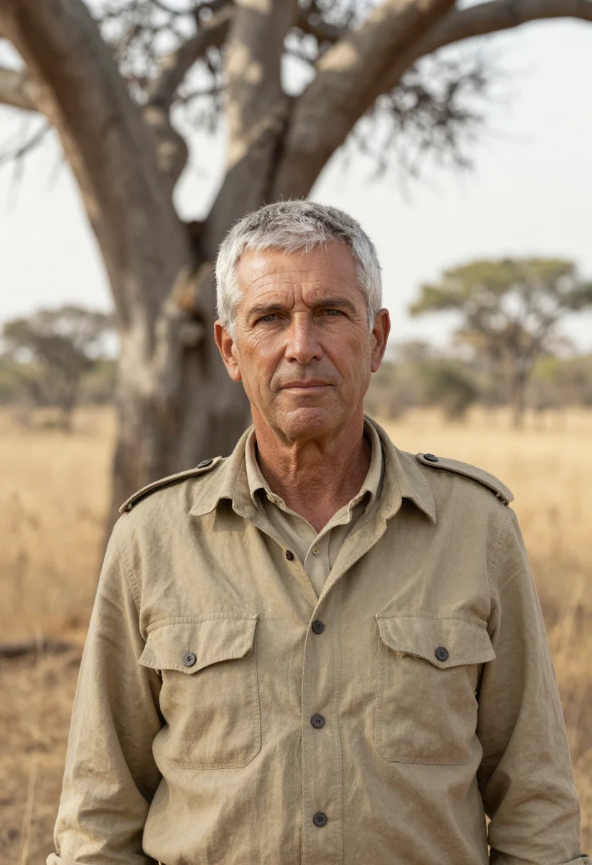 AI kruger wildlife vet bushveld khaki sample — portrait of a man, a white South African wildlife veterinari