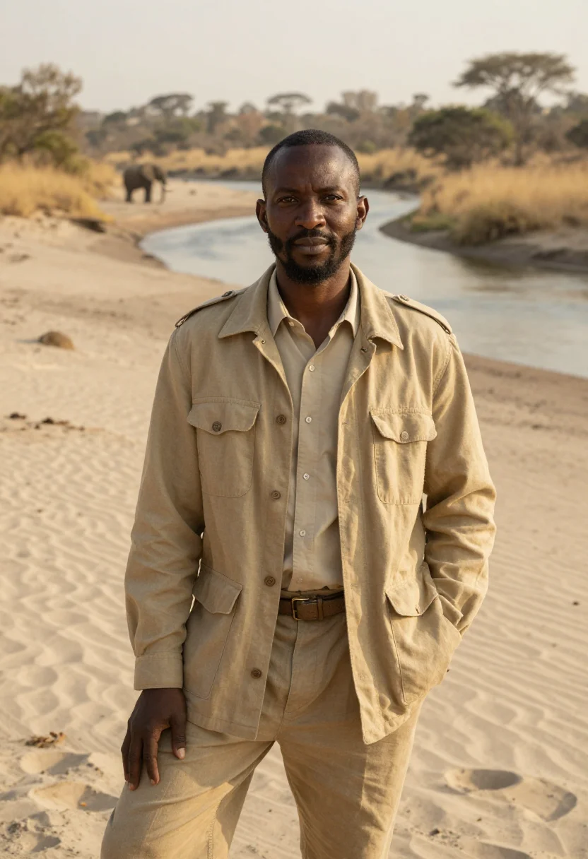 AI kruger wildlife vet bushveld khaki sample — portrait of a man, a Zulu wildlife veterinarian in his mid-f