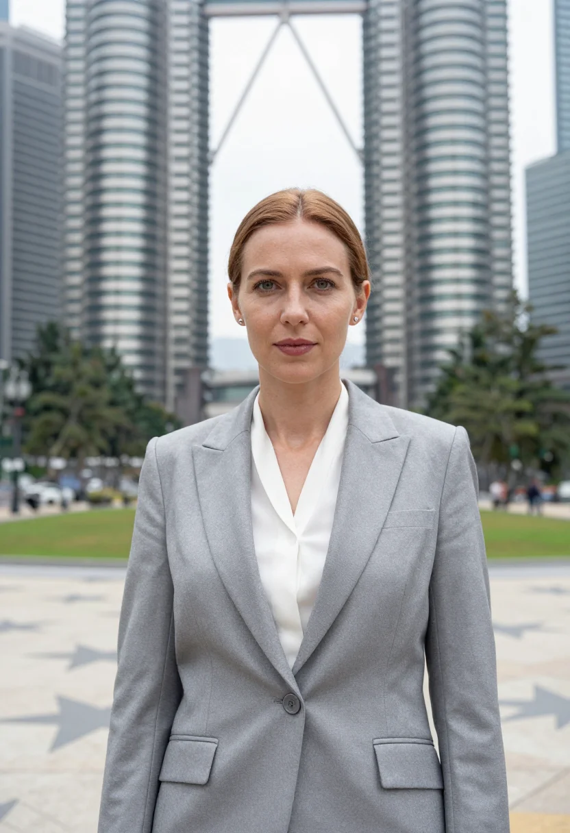 AI kuala lumpur corporate lawyer steel twin glass sample — portrait of a woman, a corporate lawyer in her late forties