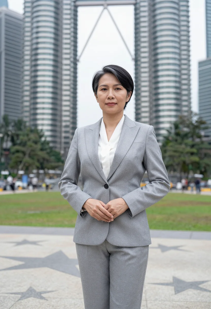 AI kuala lumpur corporate lawyer steel twin glass sample — portrait of a woman, a Chinese-Malaysian corporate lawyer in