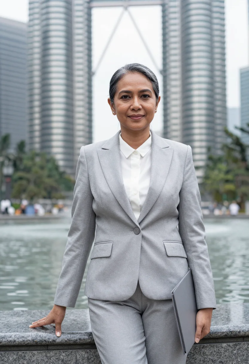 AI kuala lumpur corporate lawyer steel twin glass sample — portrait of a woman, a Malay corporate lawyer in her fifties