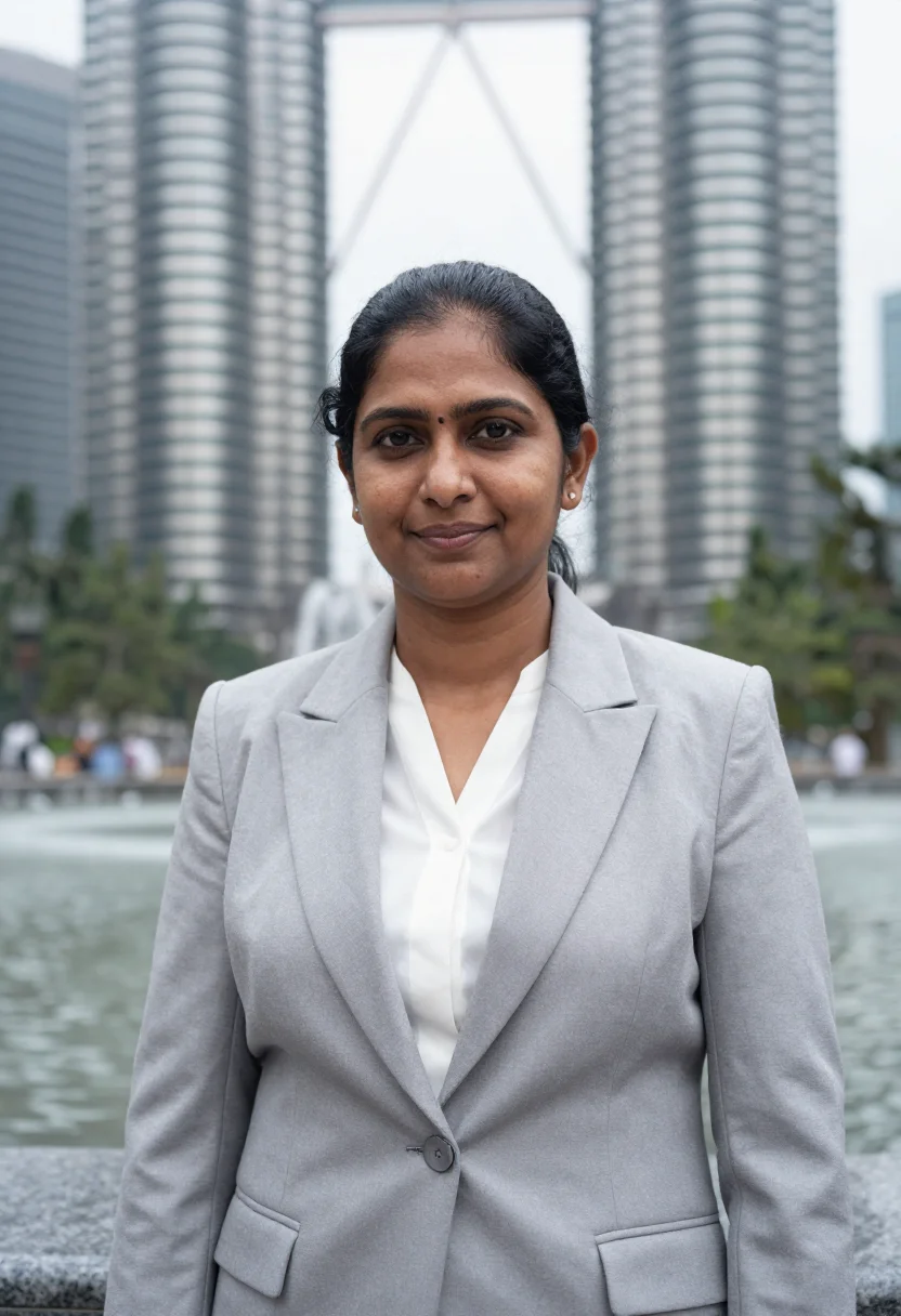 AI kuala lumpur corporate lawyer steel twin glass sample — portrait of a woman, an Indian-Malaysian corporate lawyer in