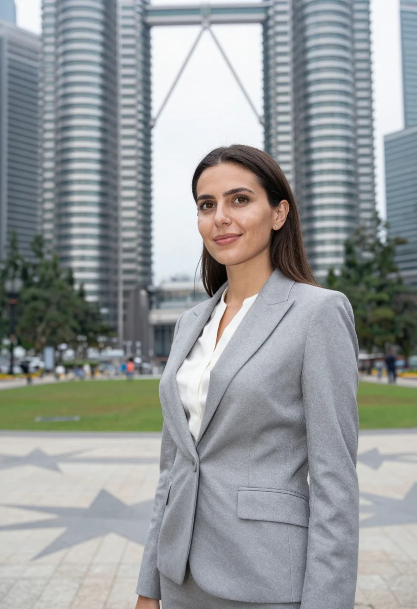 AI kuala lumpur corporate lawyer steel twin glass sample — portrait of a woman, a Eurasian corporate lawyer in her late