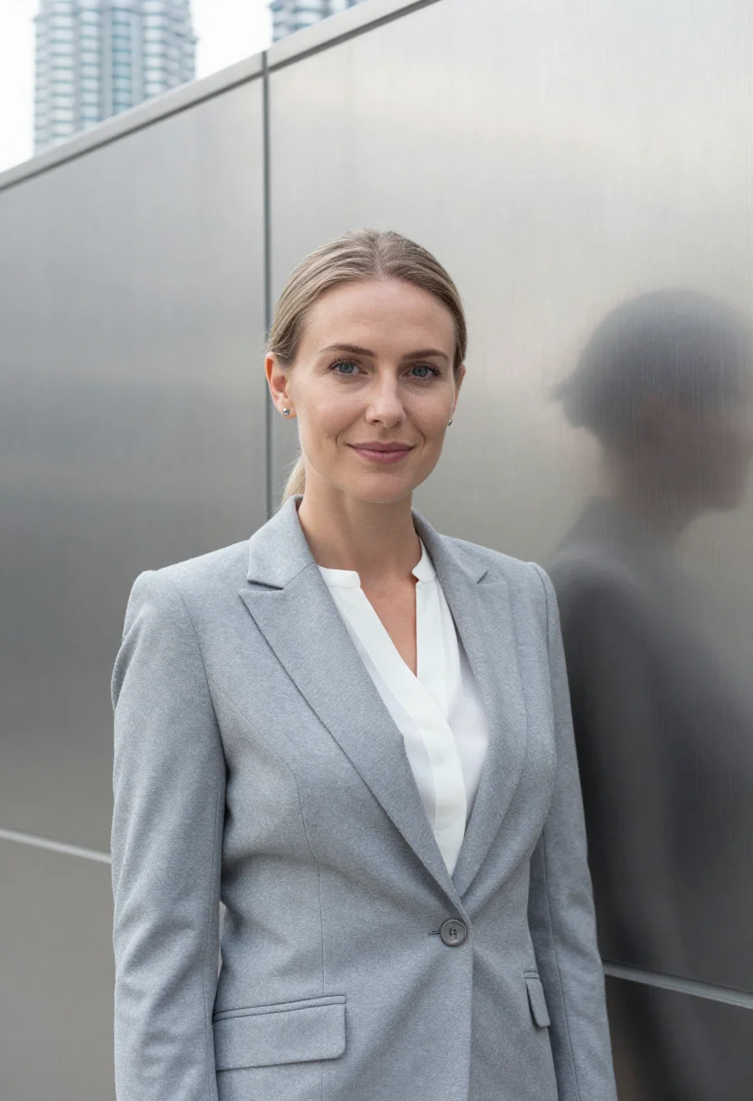 AI kuala lumpur corporate lawyer steel twin glass sample — portrait of a woman, a corporate lawyer in her early forties