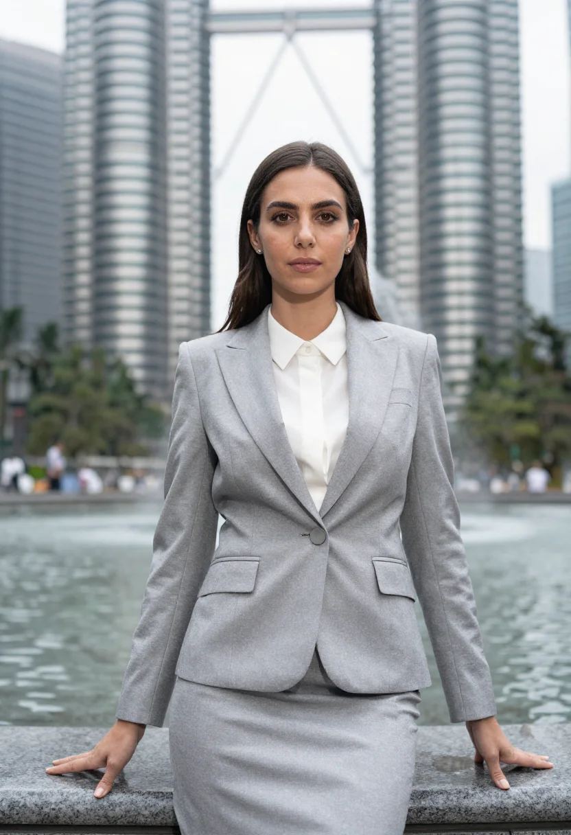 AI kuala lumpur corporate lawyer steel twin glass sample — portrait of a woman, a corporate lawyer in her early thirtie