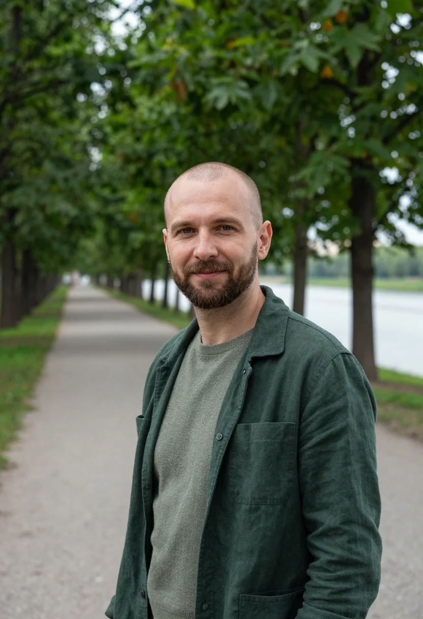 AI kyiv founder chestnut avenue green sample — portrait of a man, of Ukrainian descent in his forties with