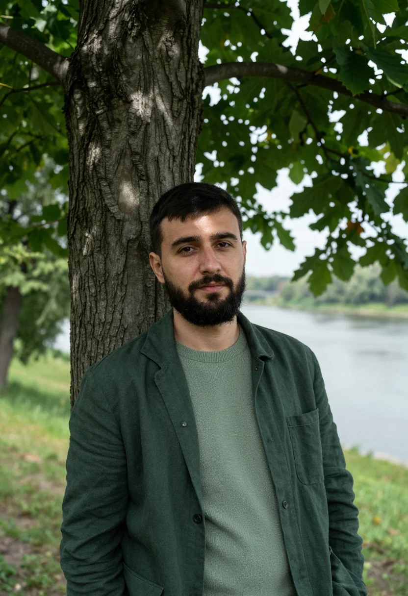 AI kyiv founder chestnut avenue green sample — portrait of a man, of Armenian descent in his thirties with