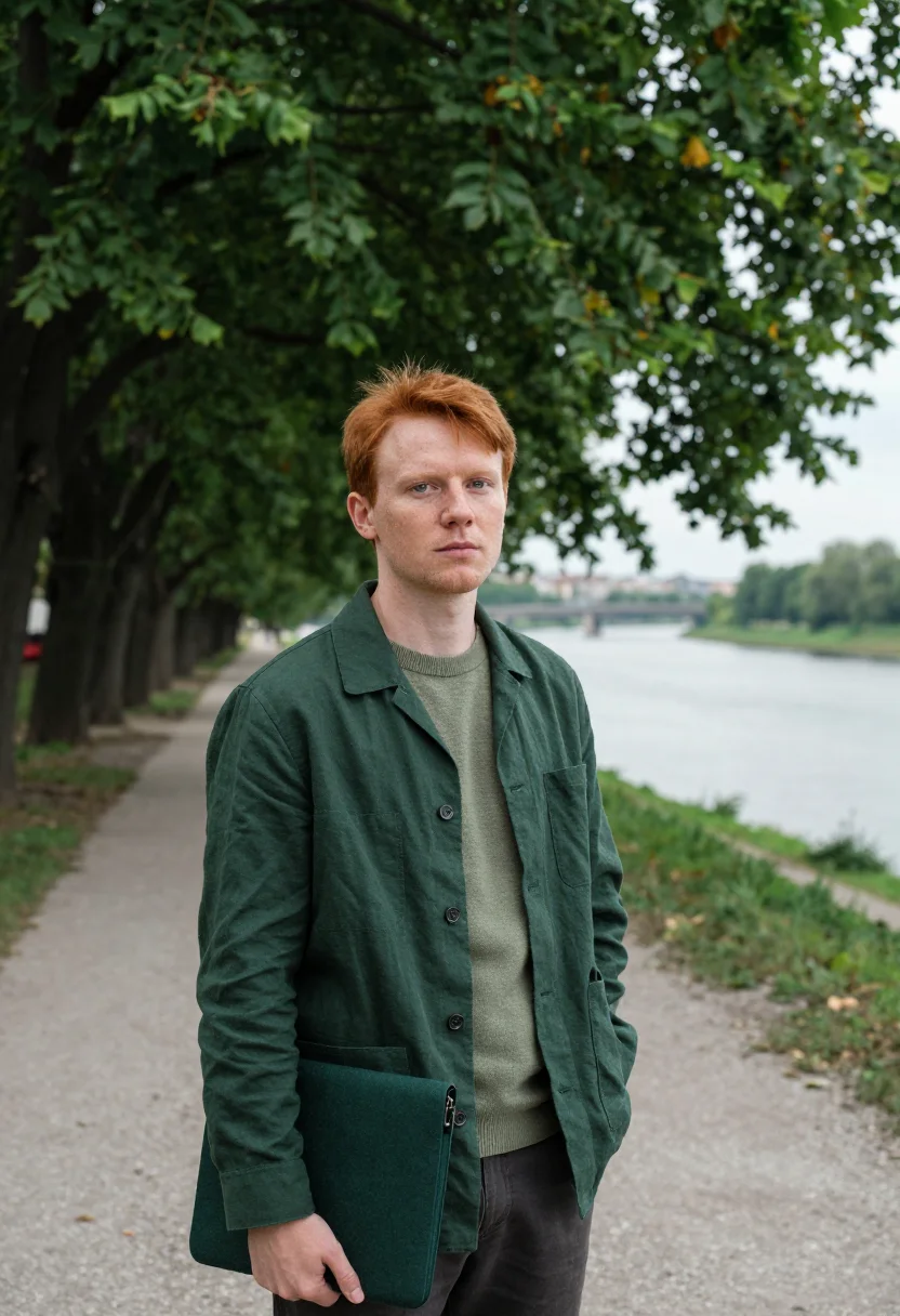 AI kyiv founder chestnut avenue green sample — portrait of a man, in his early thirties with fair freckled