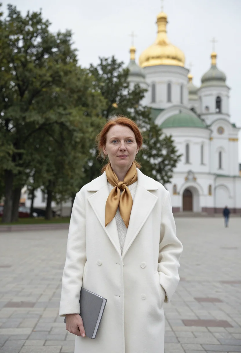 AI kyiv sophia art historian white gold sample — portrait of a woman, in her late thirties with fair freckled