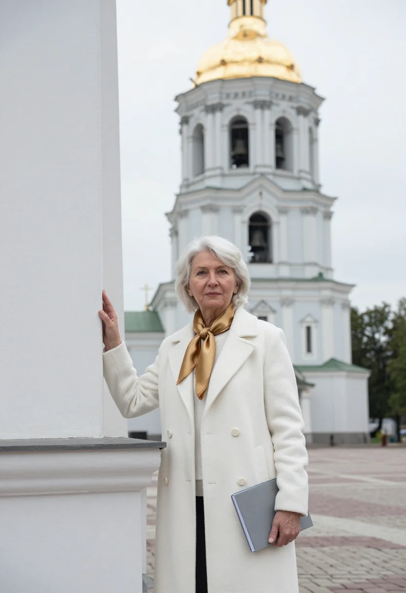 AI kyiv sophia art historian white gold sample — portrait of a woman, in her sixties with fair rosy skin, haz