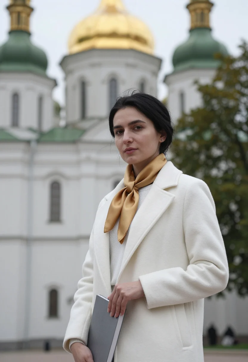 AI kyiv sophia art historian white gold sample — portrait of a woman, of Georgian descent in her thirties wit