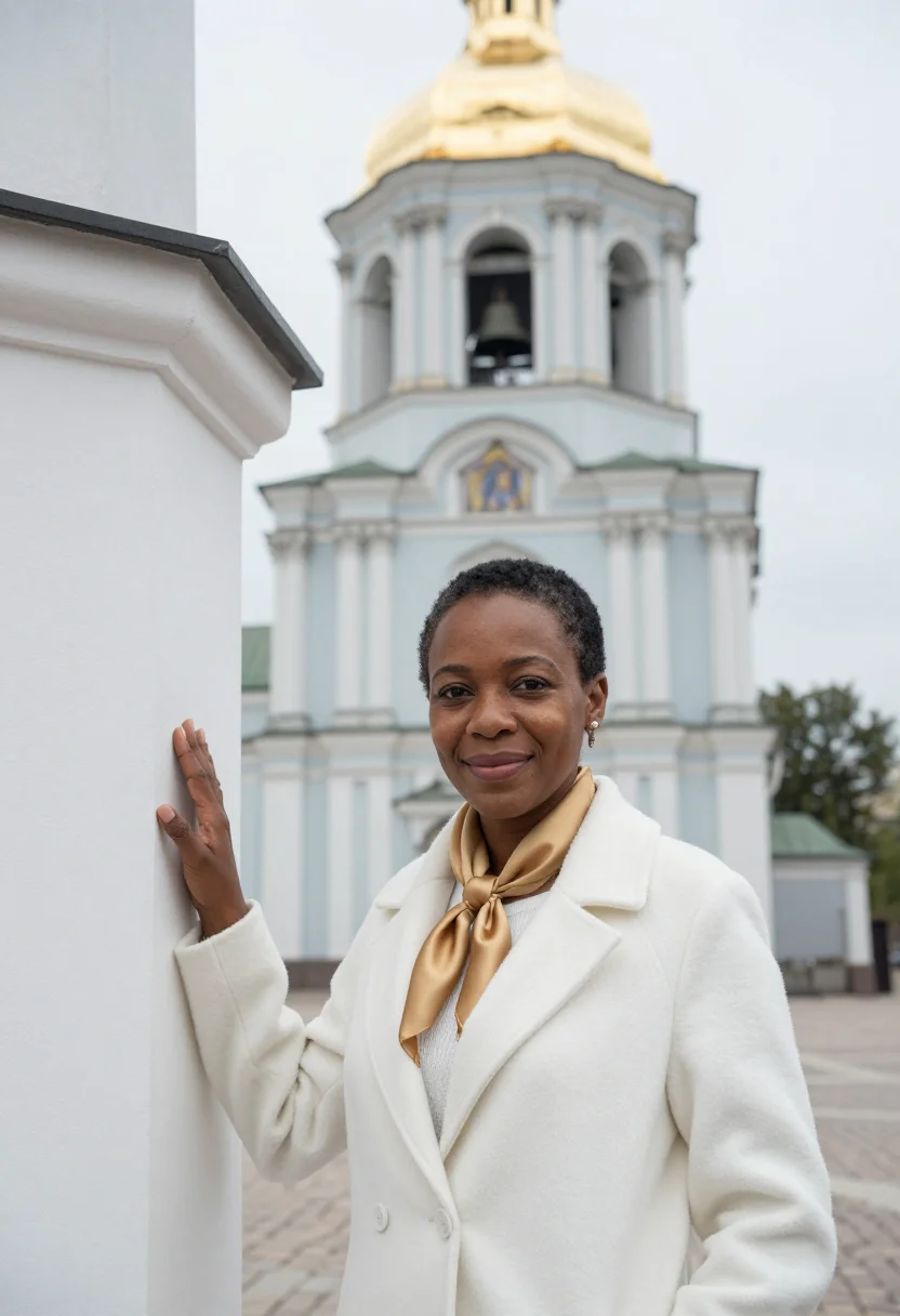 AI kyiv sophia art historian white gold sample — portrait of a woman, of Nigerian descent in her forties with