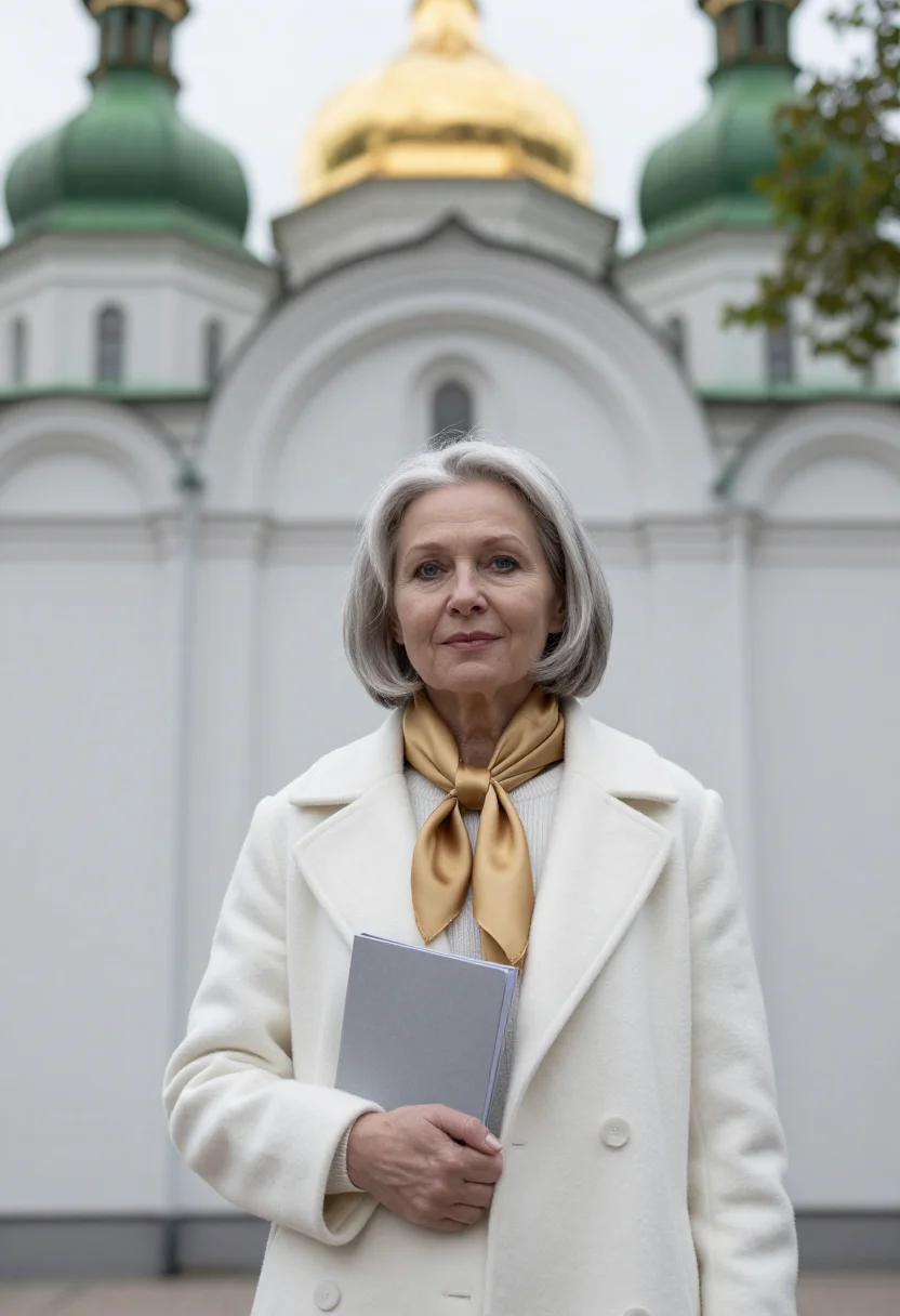 AI kyiv sophia art historian white gold sample — portrait of a woman, in her fifties with pale fair skin, blu