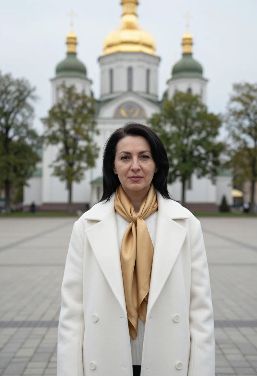 AI kyiv sophia art historian white gold sample — portrait of a woman, of Crimean Tatar descent in her forties