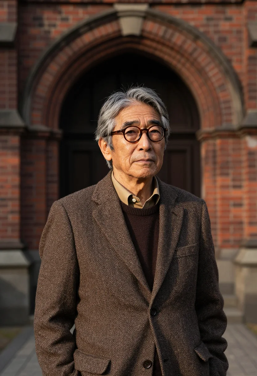 AI kyoto doshisha professor brown sample — portrait of a man, framed chest-up from the ribs with the bo