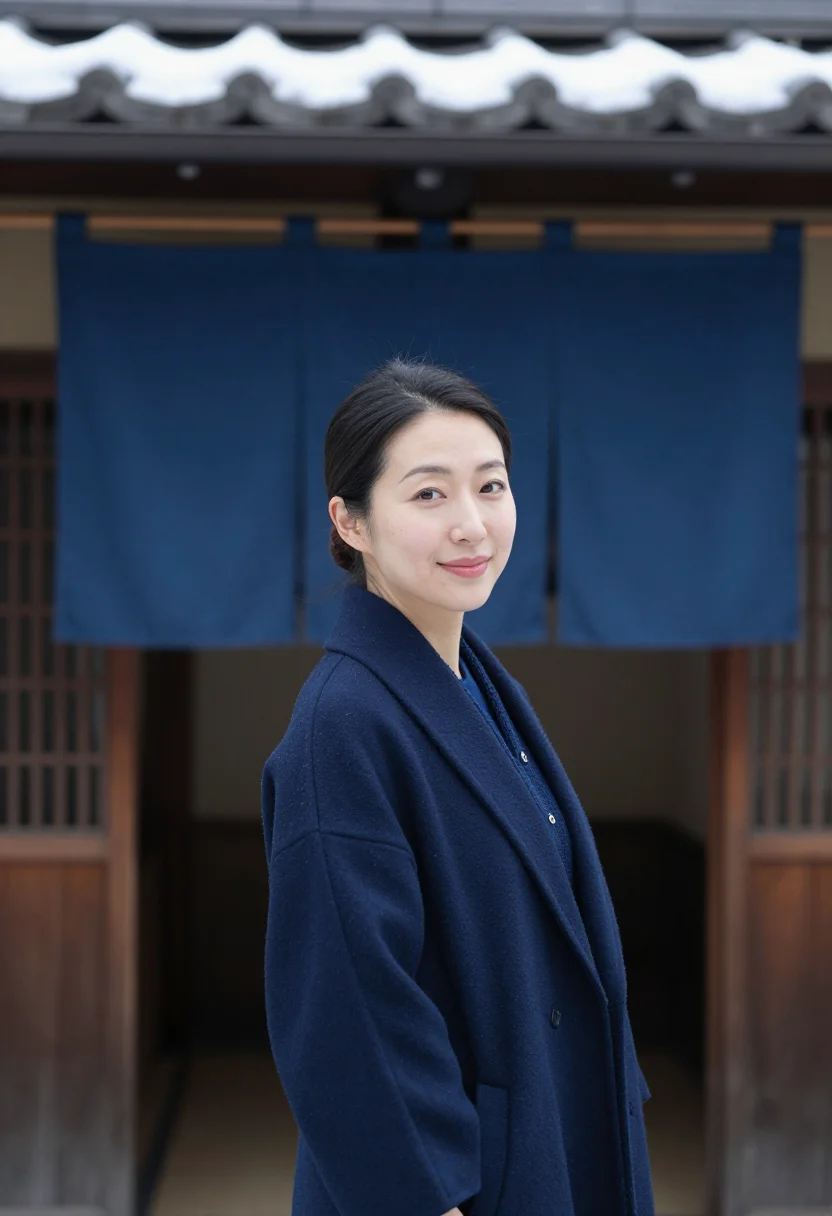 AI kyoto machiya indigo sample — portrait of a woman, framed head and shoulders, tighter, the