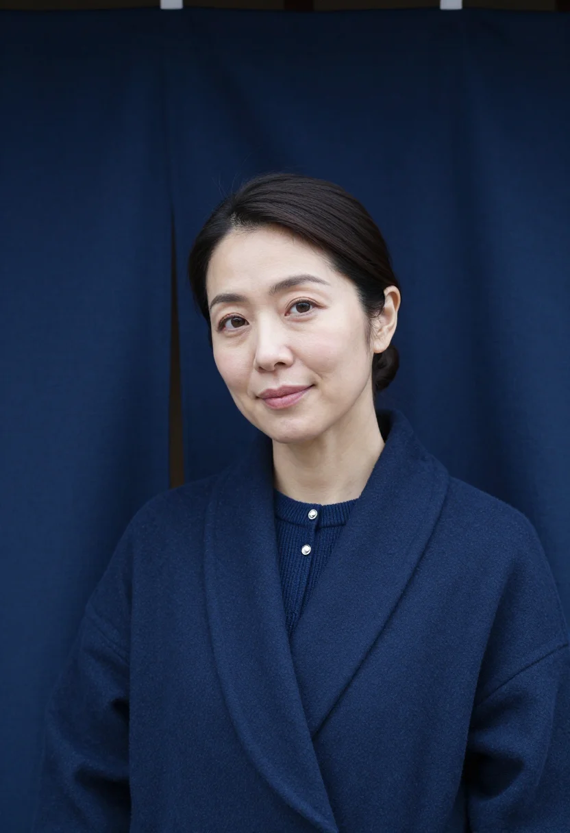 AI kyoto machiya indigo sample — portrait of a woman, framed tight on the head, the body clos