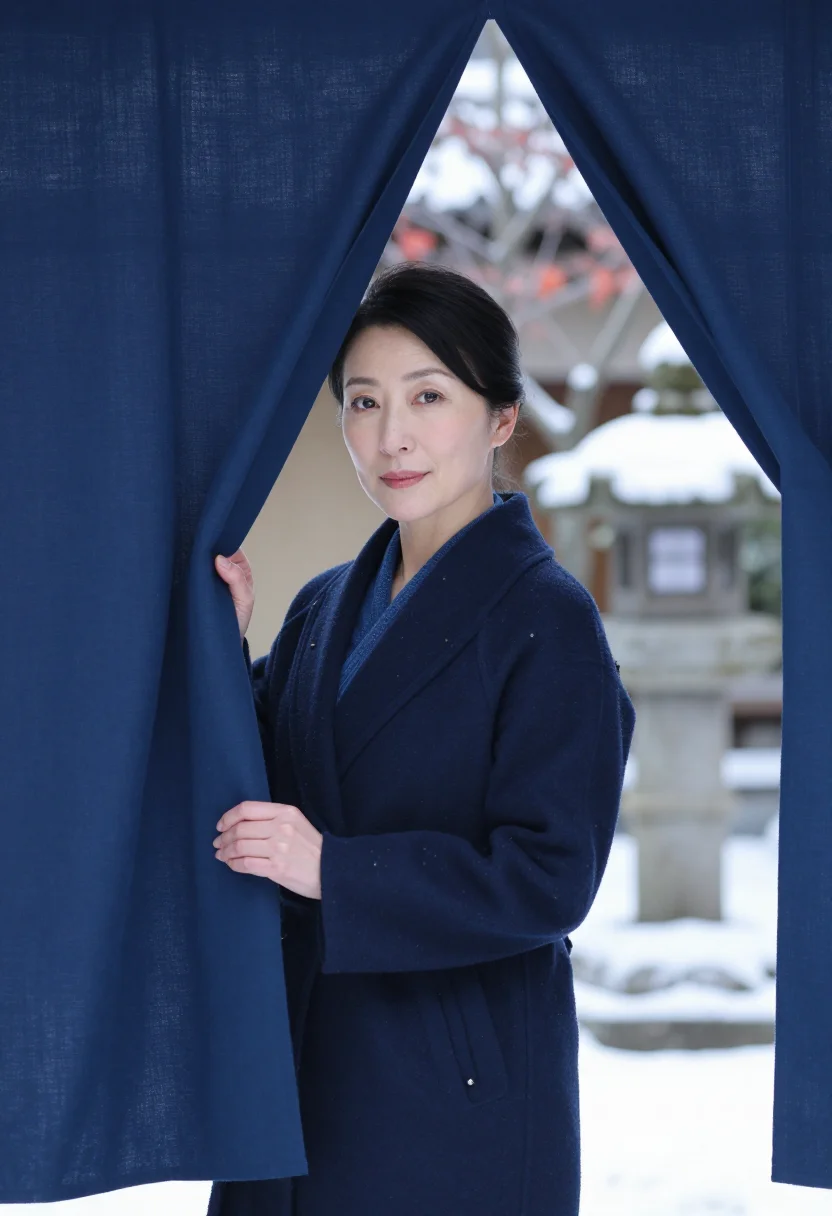 AI kyoto machiya indigo sample — portrait of a woman, framed chest-up from the ribs with the