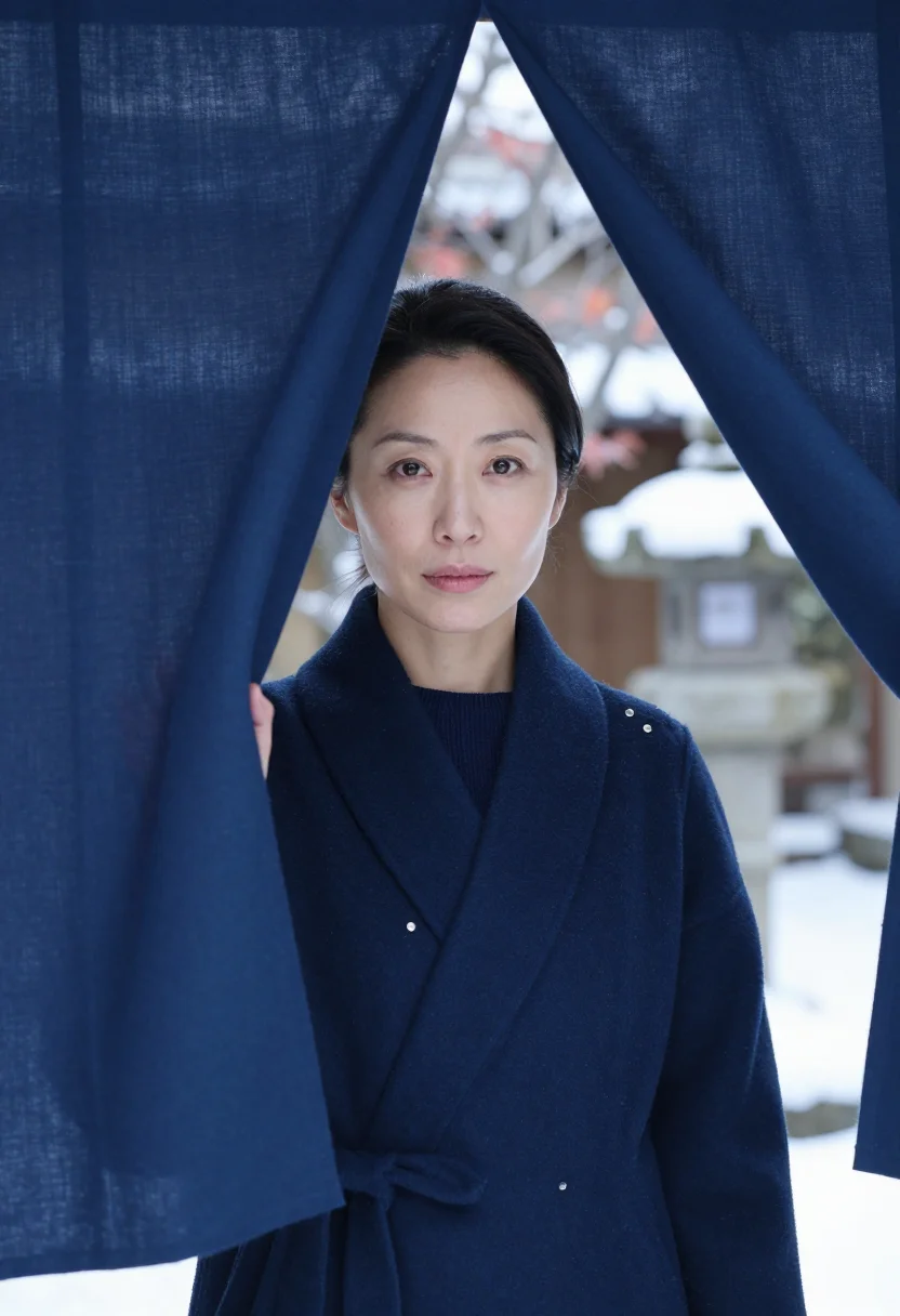 AI kyoto machiya indigo sample — portrait of a woman, framed tight on the head, the body clos