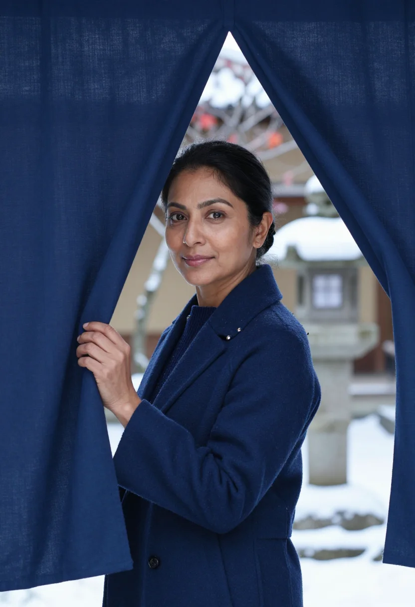 AI kyoto machiya indigo sample — portrait of a woman, framed head and shoulders, tighter, the