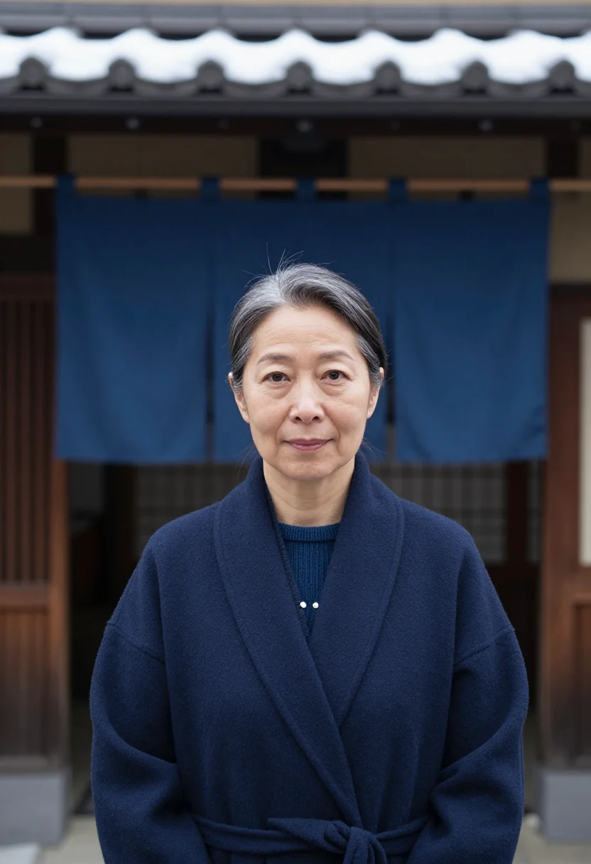 AI kyoto machiya indigo sample — portrait of a woman, framed tight on the head, the body clos