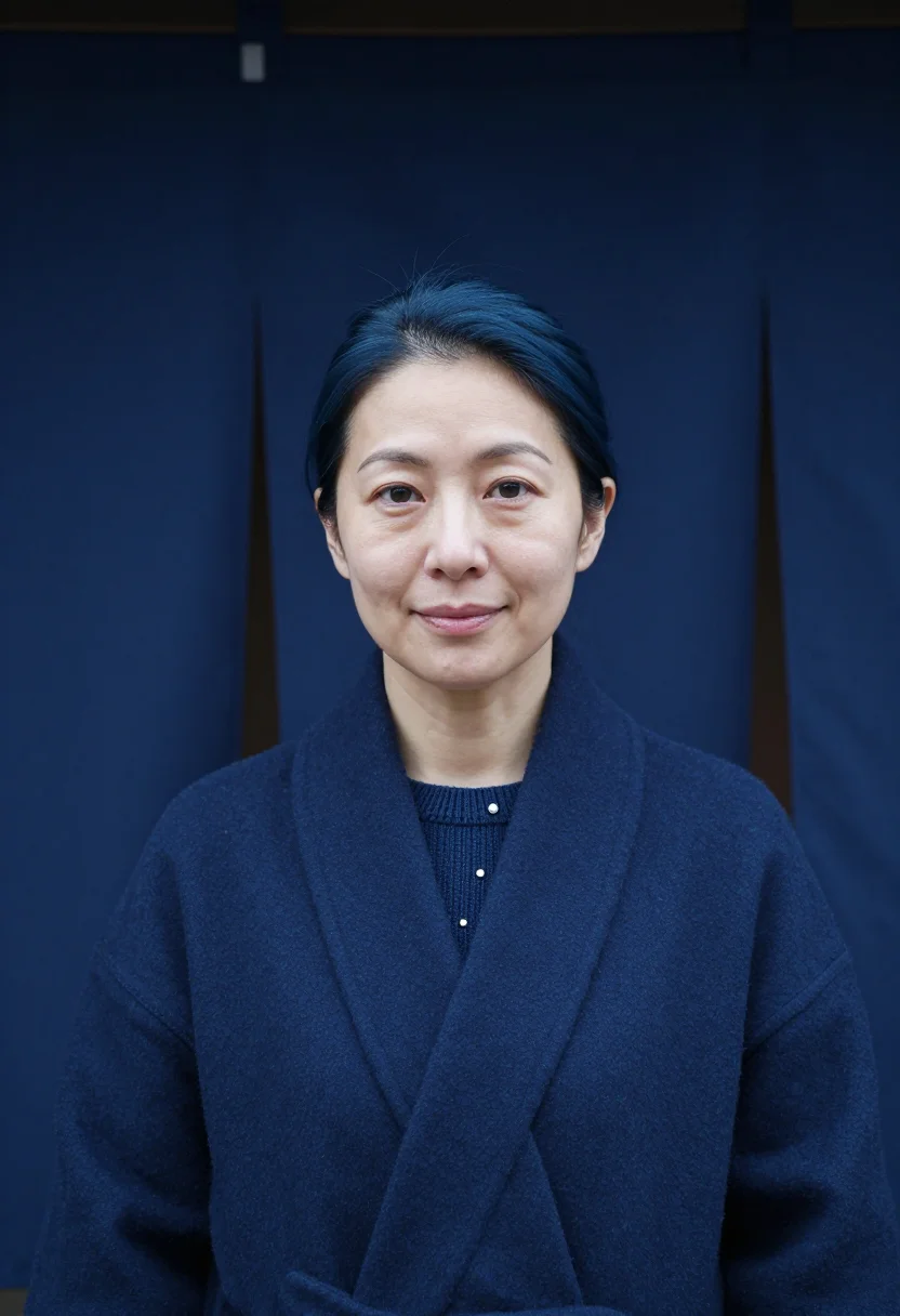 AI kyoto machiya indigo sample — portrait of a woman, framed head and shoulders, tighter, the