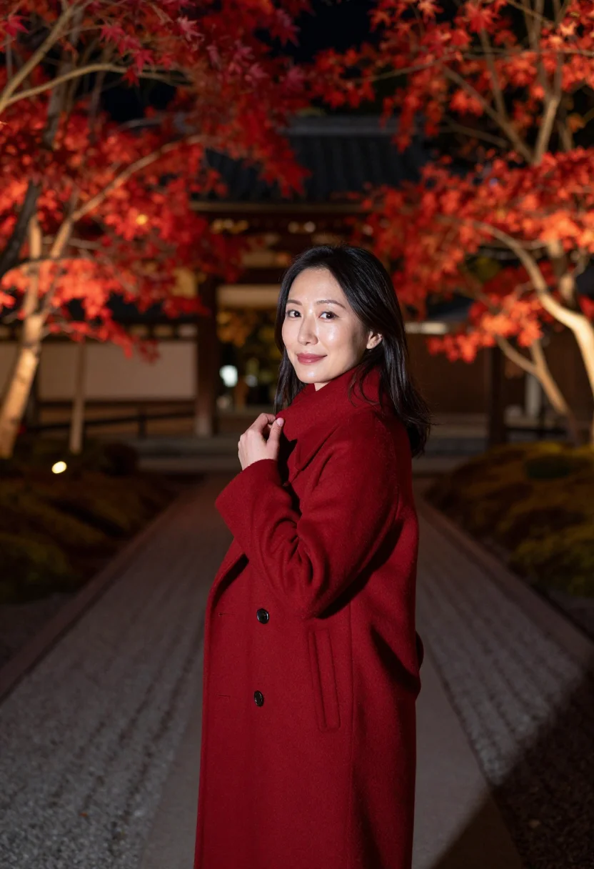 AI kyoto momiji lightup night vermilion sample — portrait of a woman, framed chest-up to the ribs, the body c