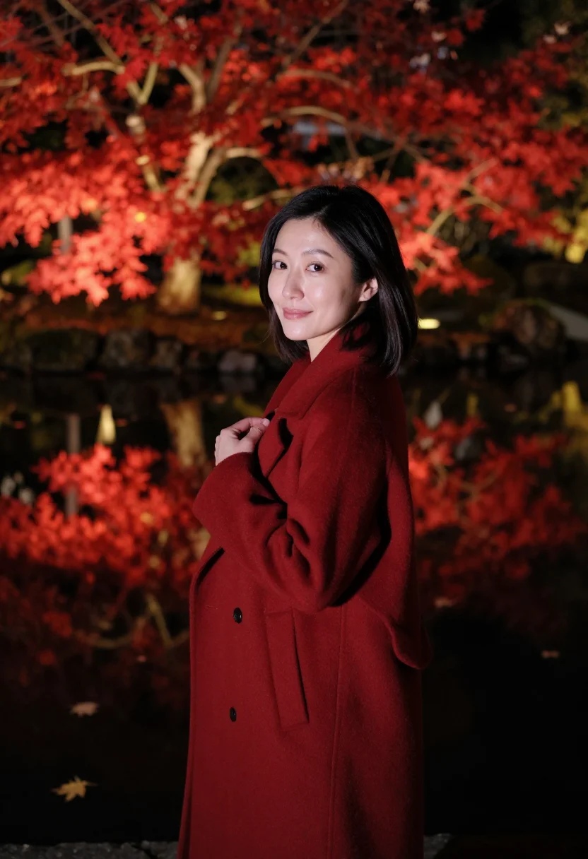AI kyoto momiji lightup night vermilion sample — portrait of a woman, framed chest-up to the ribs, the body c
