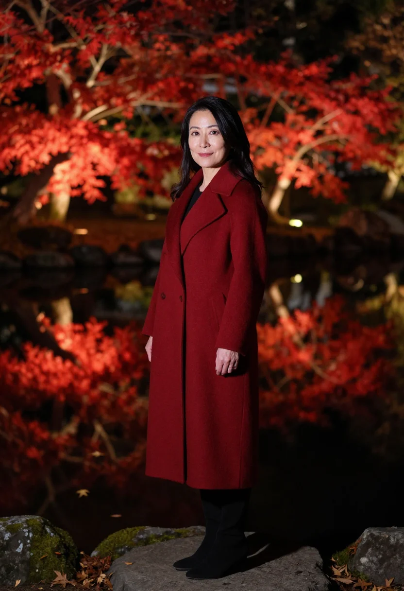 AI kyoto momiji lightup night vermilion sample — portrait of a woman, framed full length from the head to the